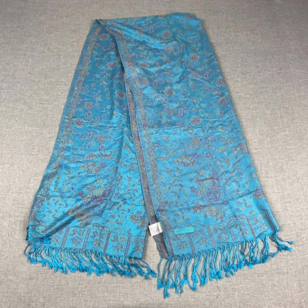 AmaWaterways Scarf Womens One Size Blue Paisley Fringe Rectangle Shawl Wrap